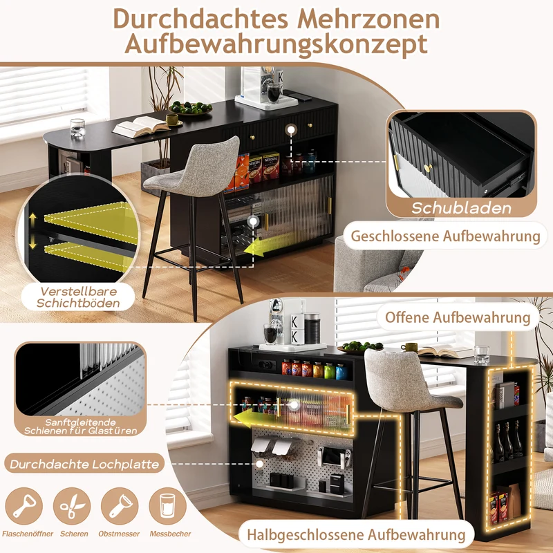 Table de bar extensible noir et pivotant 360° avec LED et prises 120x50x95,5 cm FLAREITYY