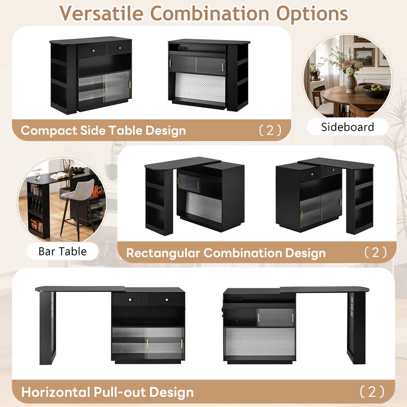 Table de bar extensible noir et pivotant 360° avec LED et prises 120x50x95,5 cm FLAREITYY