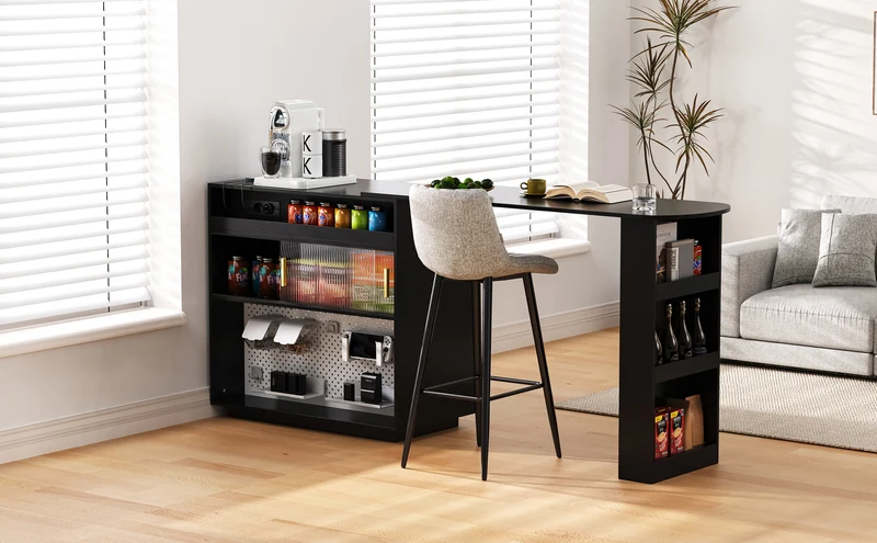 Table de bar extensible noir et pivotant 360° avec LED et prises 120x50x95,5 cm FLAREITYY