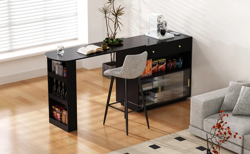 Table de bar extensible noir et pivotant 360° avec LED et prises 120x50x95,5 cm FLAREITYY