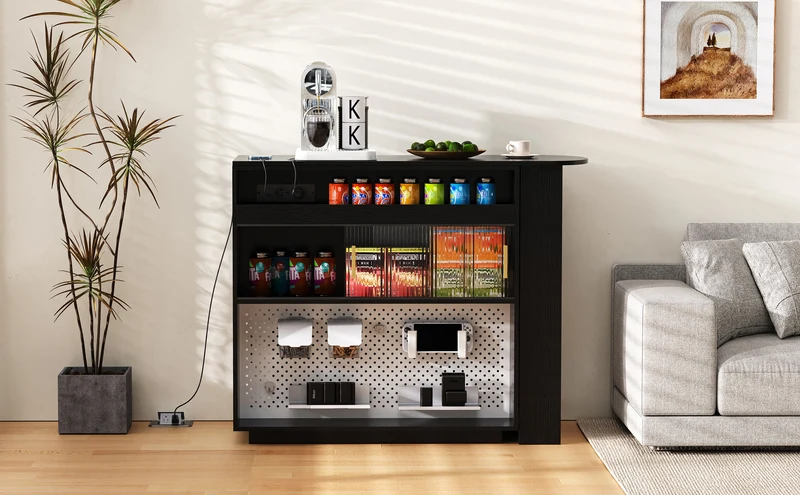 Table de bar extensible noir et pivotant 360° avec LED et prises 120x50x95,5 cm FLAREITYY