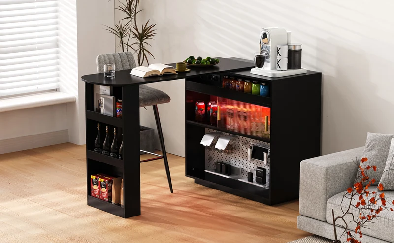 Table de bar extensible noir et pivotant 360° avec LED et prises 120x50x95,5 cm FLAREITYY