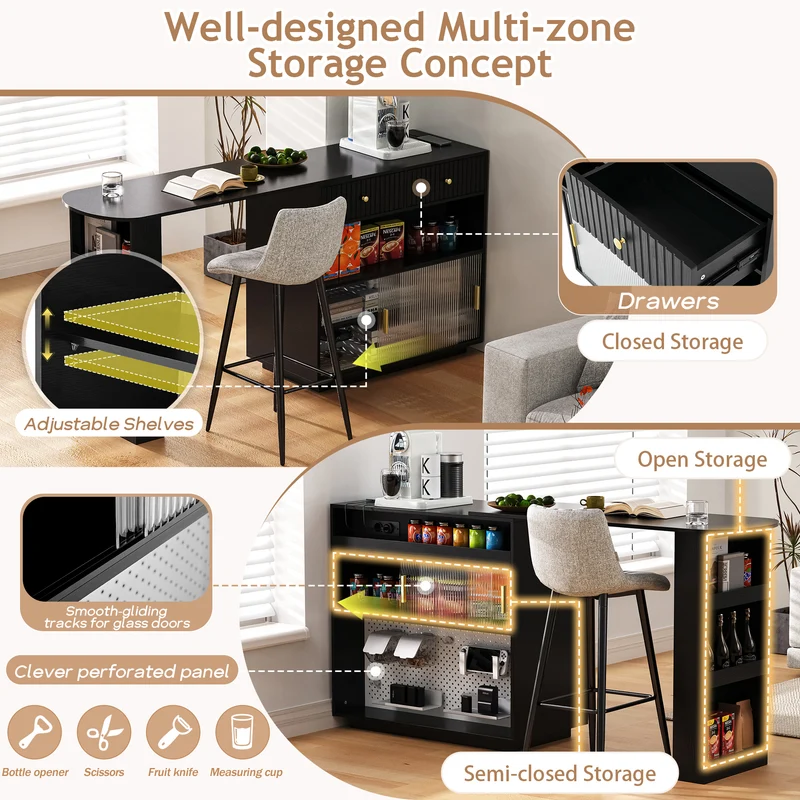 Table de bar extensible noir et pivotant 360° avec LED et prises 120x50x95,5 cm FLAREITYY