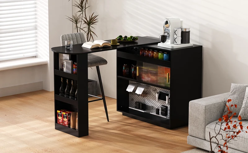 Table de bar extensible noir et pivotant 360° avec LED et prises 120x50x95,5 cm FLAREITYY