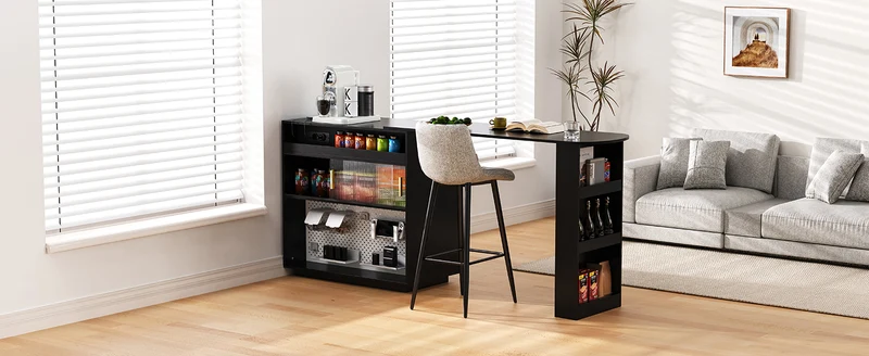 Table de bar extensible noir et pivotant 360° avec LED et prises 120x50x95,5 cm FLAREITYY