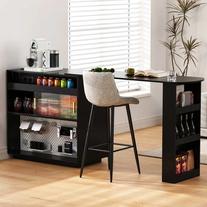 Table de bar extensible noir et pivotant 360° avec LED et prises 120x50x95,5 cm FLAREITYY