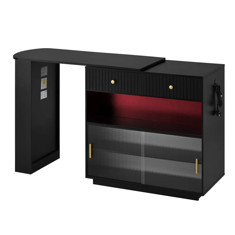 Table de bar extensible noir et pivotant 360° avec LED et prises 120x50x95,5 cm FLAREITYY