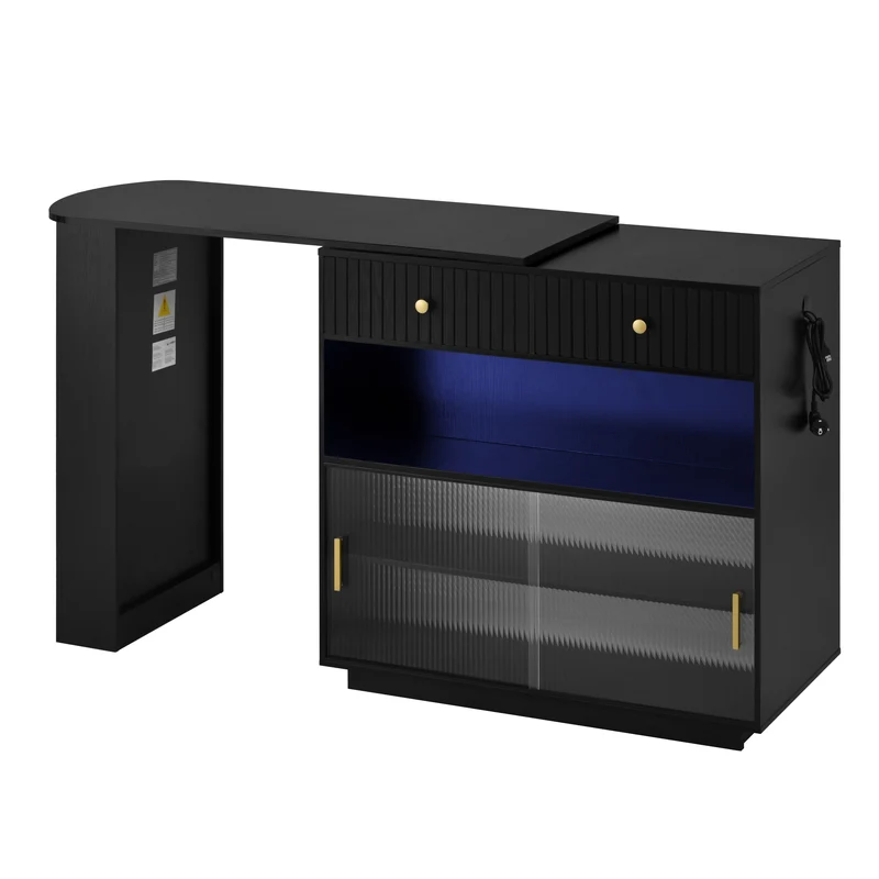 Table de bar extensible noir et pivotant 360° avec LED et prises 120x50x95,5 cm FLAREITYY