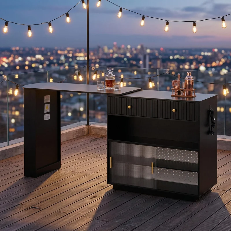 Table de bar extensible noir et pivotant 360° avec LED et prises 120x50x95,5 cm FLAREITYY