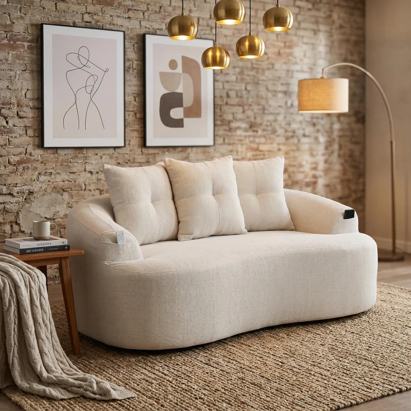 Canapé 2 places en chenille beige coussins profonds sans montage 164cm FLARECASCADEE