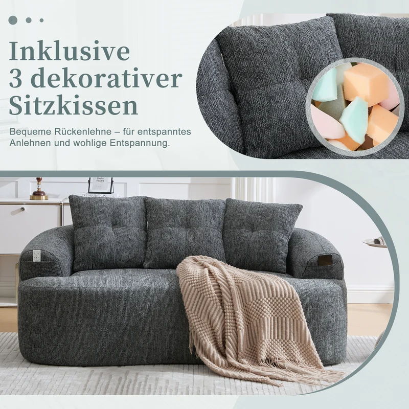 Canapé 2 places en chenille grise coussins profonds sans montage 164cm FLAREMERIDIA