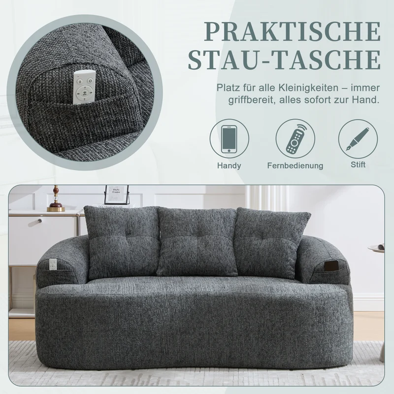 Canapé 2 places en chenille grise coussins profonds sans montage 164cm FLAREMERIDIA