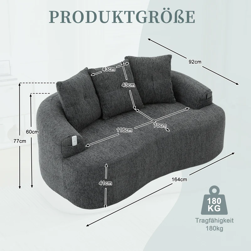 Canapé 2 places en chenille grise coussins profonds sans montage 164cm FLAREMERIDIA