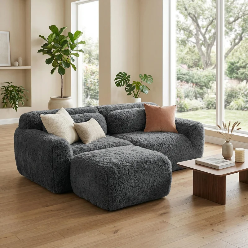 Canapé d'angle 2 places modulable en tissu peluche gris, avec coussins, sans montage FLAREMOME