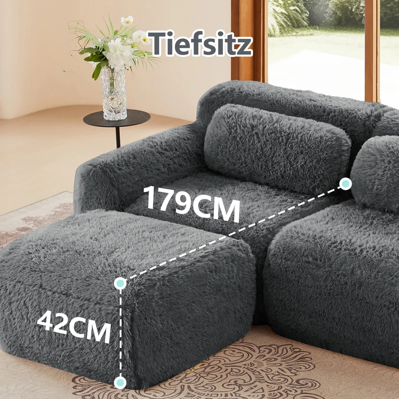 Canapé d'angle 2 places modulable en tissu peluche gris, avec coussins, sans montage FLAREMOME