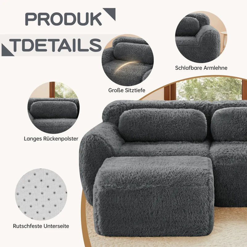 Canapé d'angle 2 places modulable en tissu peluche gris, avec coussins, sans montage FLAREMOME