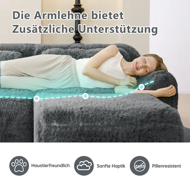 Canapé d'angle 2 places modulable en tissu peluche gris, avec coussins, sans montage FLAREMOME