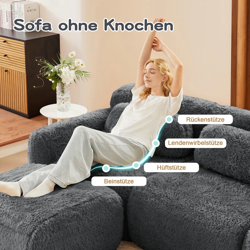 Canapé d'angle 2 places modulable en tissu peluche gris, avec coussins, sans montage FLAREMOME