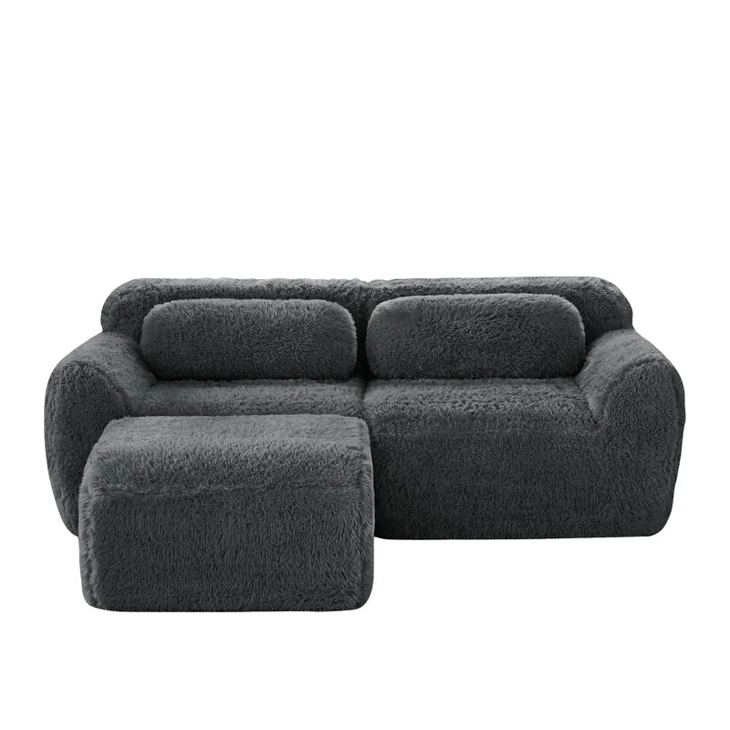 Canapé d'angle 2 places modulable en tissu peluche gris, avec coussins, sans montage FLAREMOME