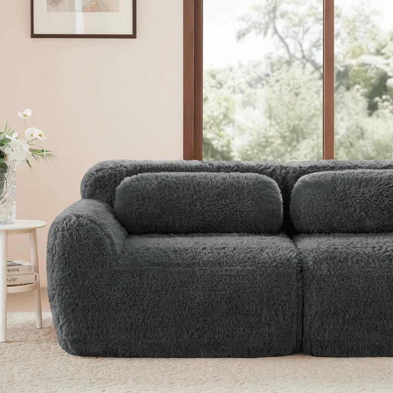 Canapé d'angle 2 places modulable en tissu peluche gris, avec coussins, sans montage FLAREMOME