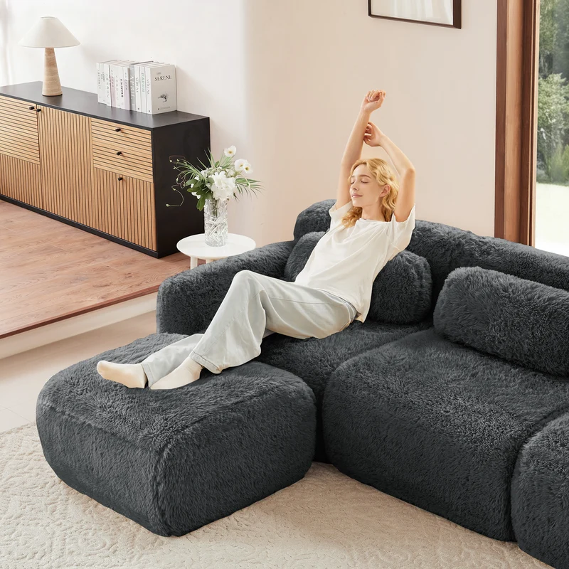 Canapé d'angle 2 places modulable en tissu peluche gris, avec coussins, sans montage FLAREMOME