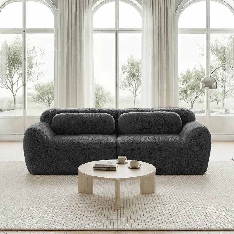 Canapé 2 places modulable en tissu peluche gris, avec coussins, sans montage RIFTINFINITE