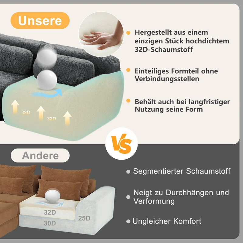Canapé 2 places modulable en tissu peluche gris, avec coussins, sans montage RIFTINFINITE