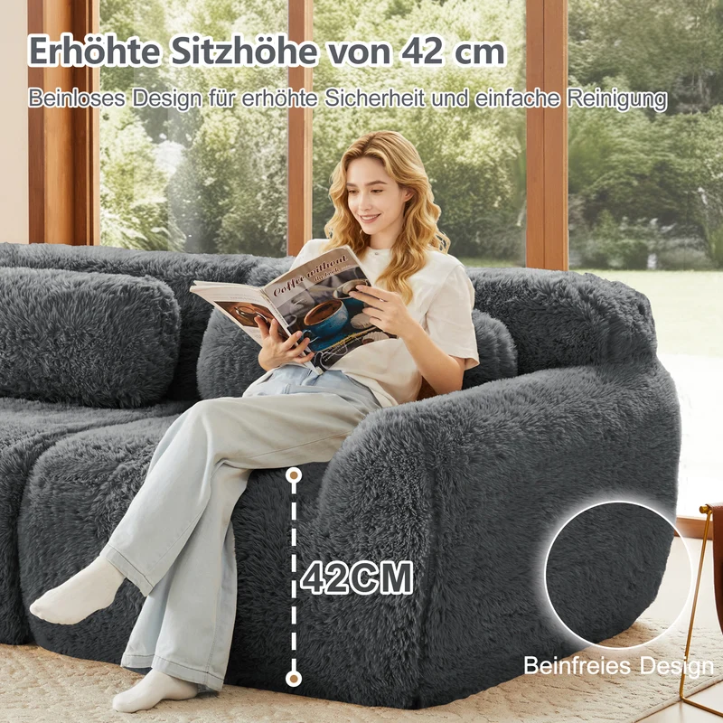 Canapé 2 places modulable en tissu peluche gris, avec coussins, sans montage RIFTINFINITE