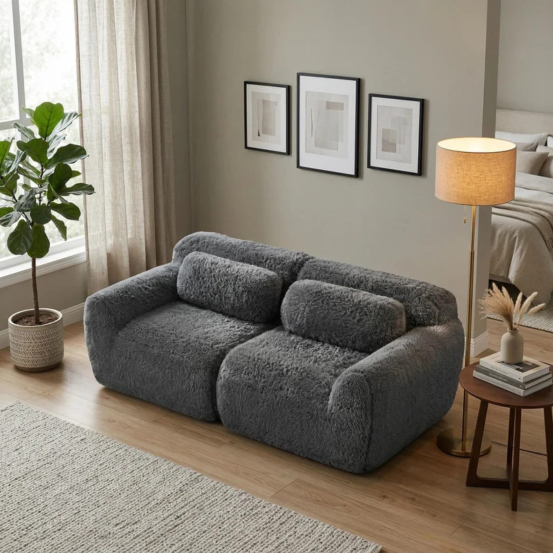 Canapé 2 places modulable en tissu peluche gris, avec coussins, sans montage RIFTINFINITE