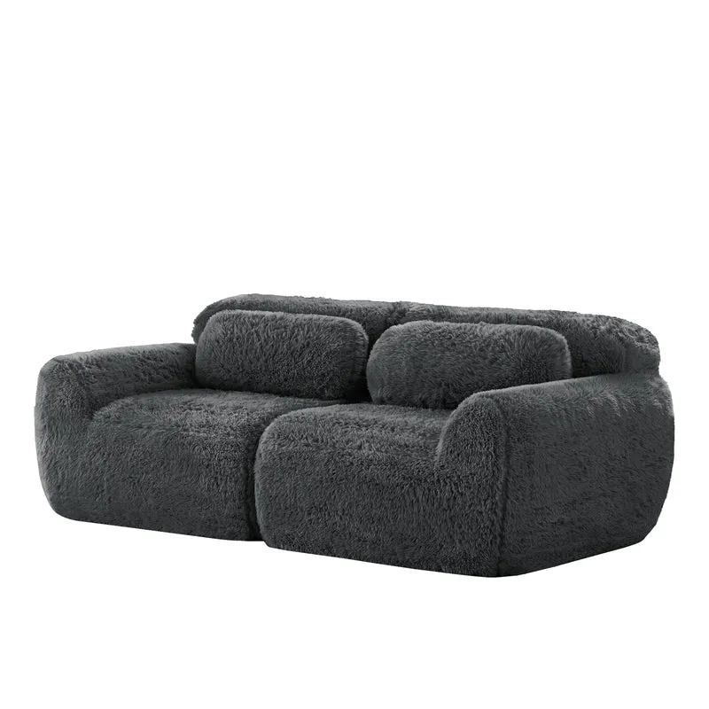 Canapé 2 places modulable en tissu peluche gris, avec coussins, sans montage RIFTINFINITE