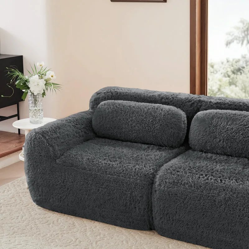 Canapé 2 places modulable en tissu peluche gris, avec coussins, sans montage RIFTINFINITE