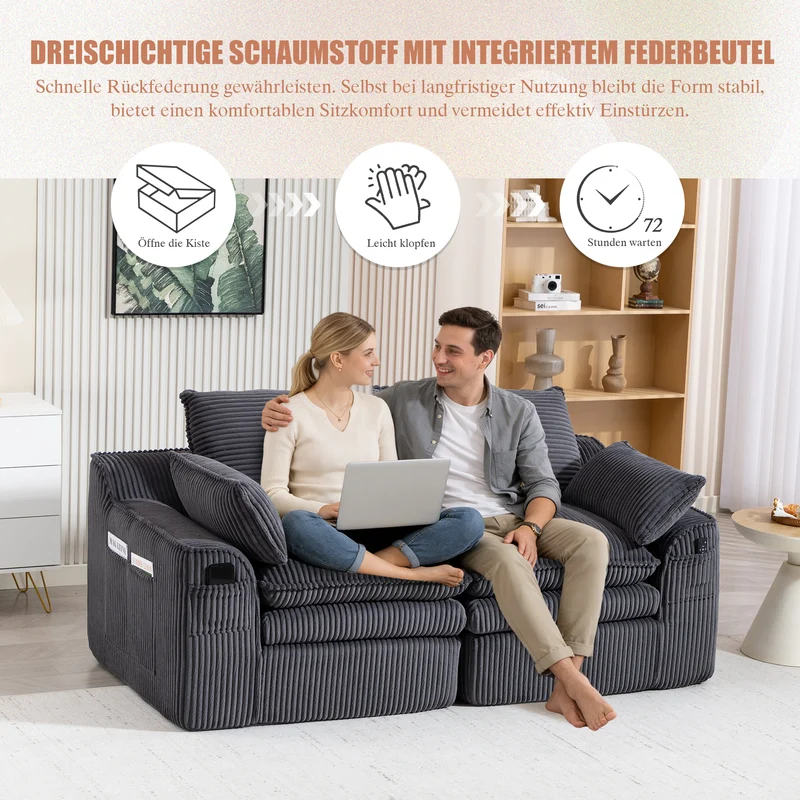 Canapé 2 places en velours côtelé gris foncé, poches latérales et coussins inclus FLAREINEE