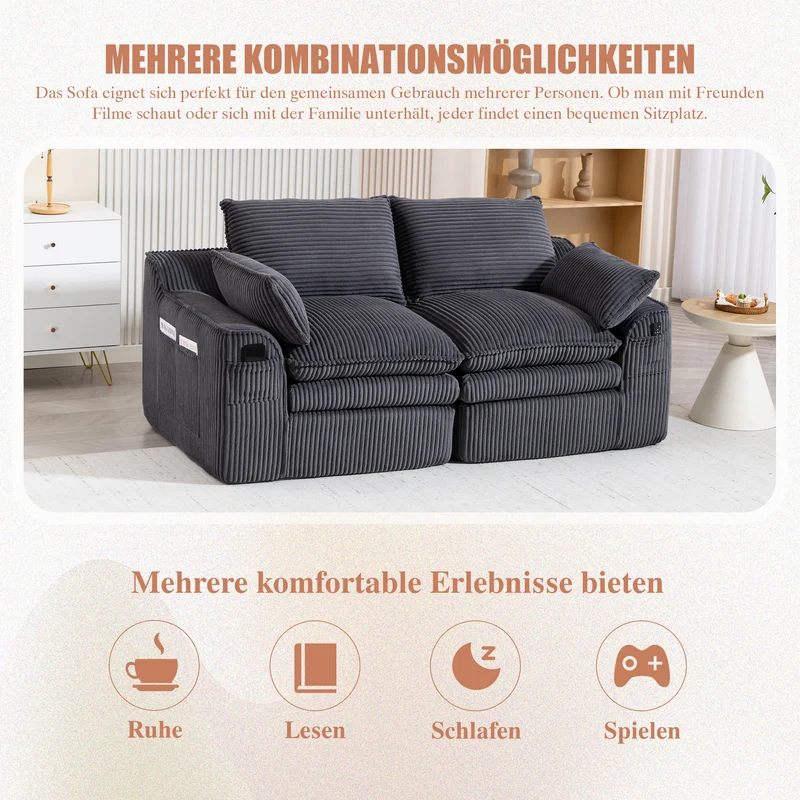 Canapé 2 places en velours côtelé gris foncé, poches latérales et coussins inclus FLAREINEE