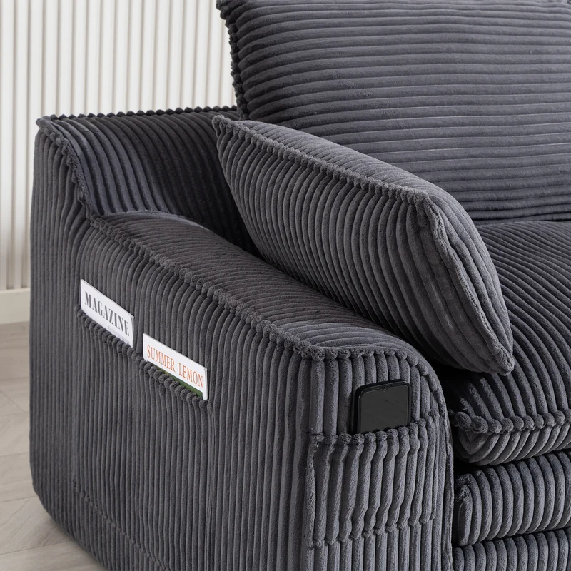 Canapé 2 places en velours côtelé gris foncé, poches latérales et coussins inclus FLAREINEE