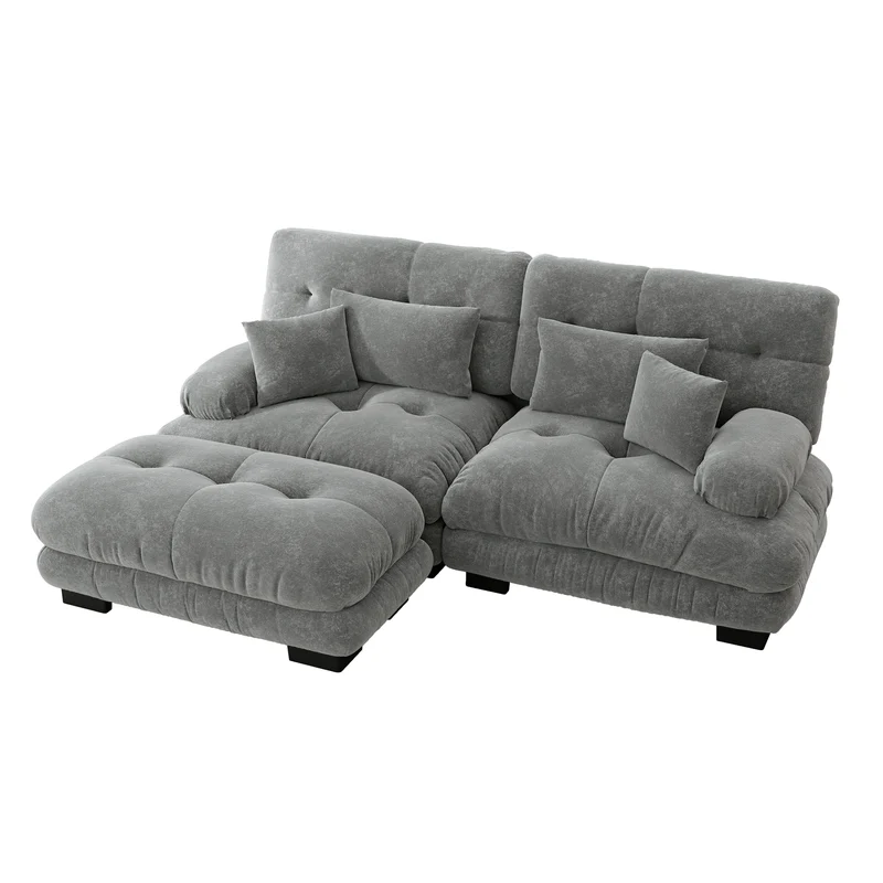 Canapé d'angle 3 places en chenille gris avec ottoman et coussins 220x145cm FLAREENSEE