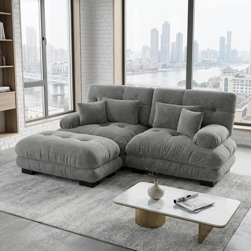 Canapé d'angle 3 places en chenille gris avec ottoman et coussins 220x145cm FLAREENSEE