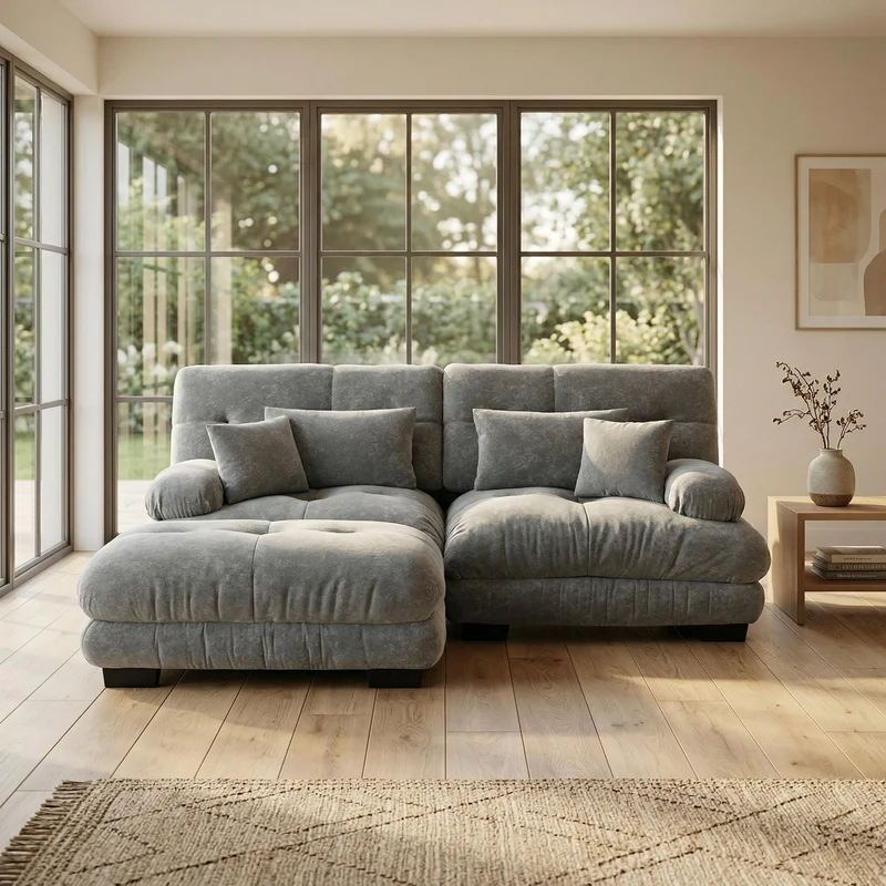 Canapé d'angle 3 places en chenille gris avec ottoman et coussins 220x145cm FLAREENSEE