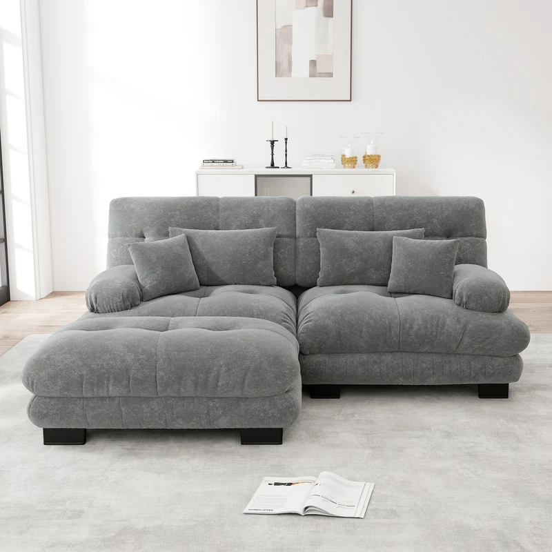 Canapé d'angle 3 places en chenille gris avec ottoman et coussins 220x145cm FLAREENSEE