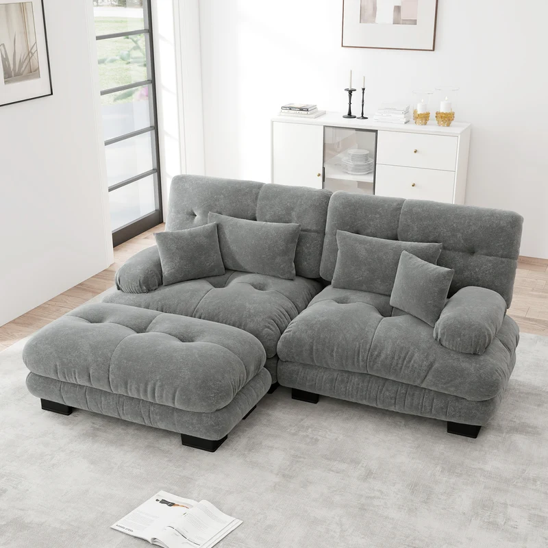 Canapé d'angle 3 places en chenille gris avec ottoman et coussins 220x145cm FLAREENSEE