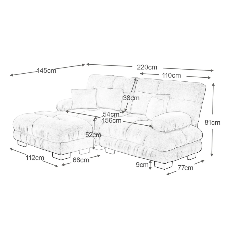 Canapé d'angle 3 places en chenille gris avec ottoman et coussins 220x145cm FLAREENSEE