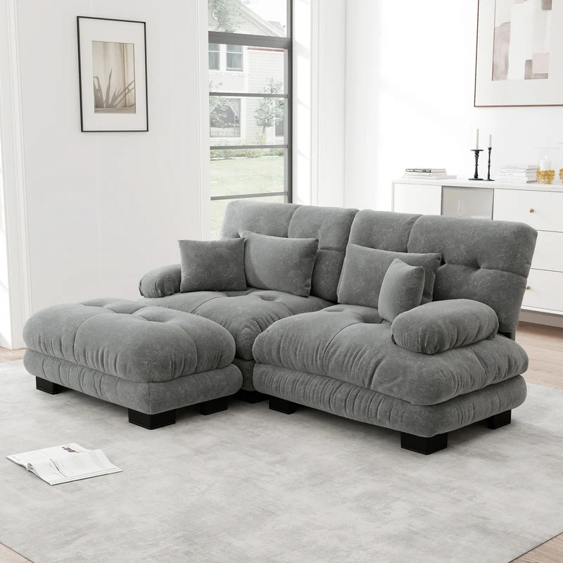 Canapé d'angle 3 places en chenille gris avec ottoman et coussins 220x145cm FLAREENSEE