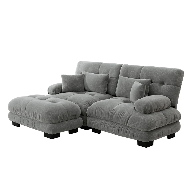 Canapé d'angle 3 places en chenille gris avec ottoman et coussins 220x145cm FLAREENSEE