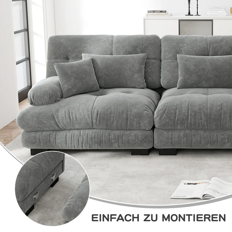 Canapé d'angle 3 places en chenille gris avec ottoman et coussins 220x145cm FLAREENSEE