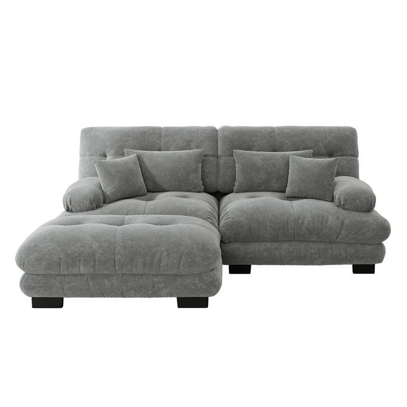 Canapé d'angle 3 places en chenille gris avec ottoman et coussins 220x145cm FLAREENSEE