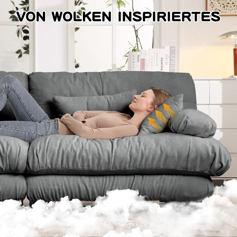 Canapé d'angle 3 places en chenille gris avec ottoman et coussins 220x145cm FLAREENSEE