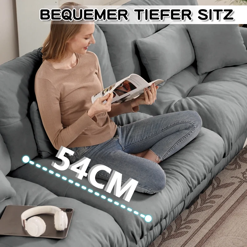 Canapé d'angle 3 places en chenille gris avec ottoman et coussins 220x145cm FLAREENSEE