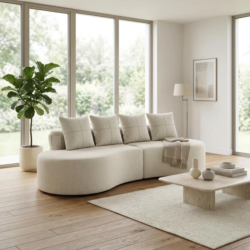Canapé 3 places en lin gris clair avec 4 coussins, porte-gobelet, poches latérales sans montage 240x109cm FLAREMOMEN