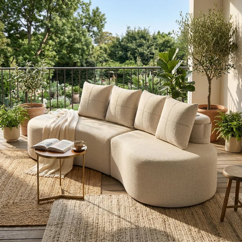 Canapé 3 places en lin gris clair avec 4 coussins, porte-gobelet, poches latérales sans montage 240x109cm FLAREMOMEN