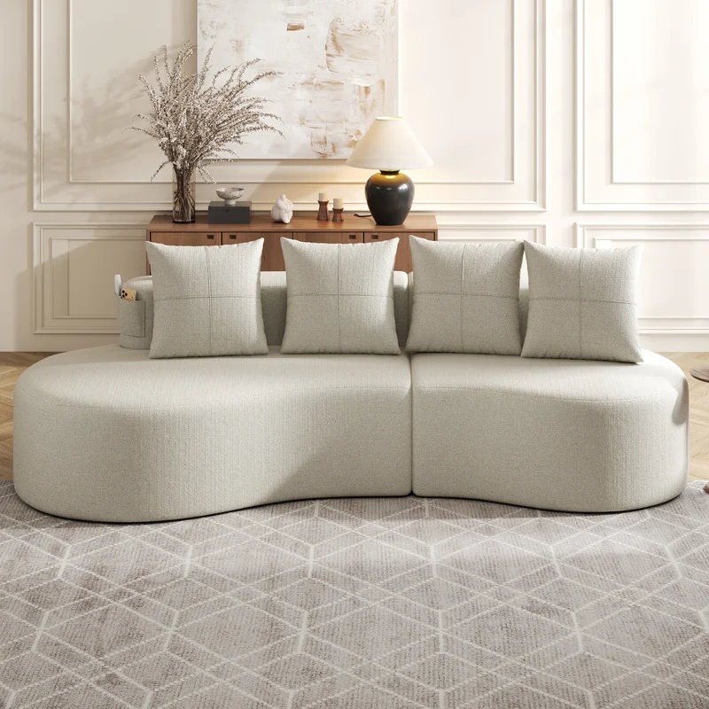 Canapé 3 places en lin gris clair avec 4 coussins, porte-gobelet, poches latérales sans montage 240x109cm FLAREMOMEN