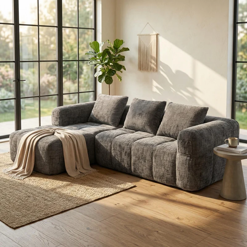 Canapé d'angle 3 places modulable en chenille gris avec méridienne et poches latérales sans montage INFINITEMOMEN
